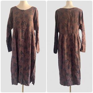 Vintage Tom Tom 100% Linen Dark Brown Leaf Print Button Front Midi Dress - L